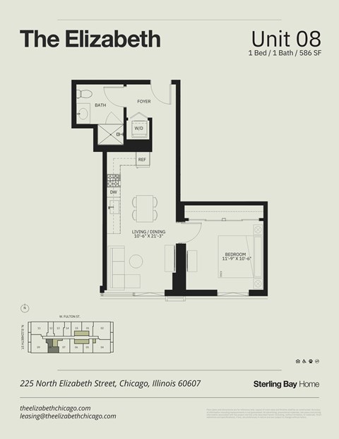 Floor plan for 1 bed, 1 bath, 586 sqft